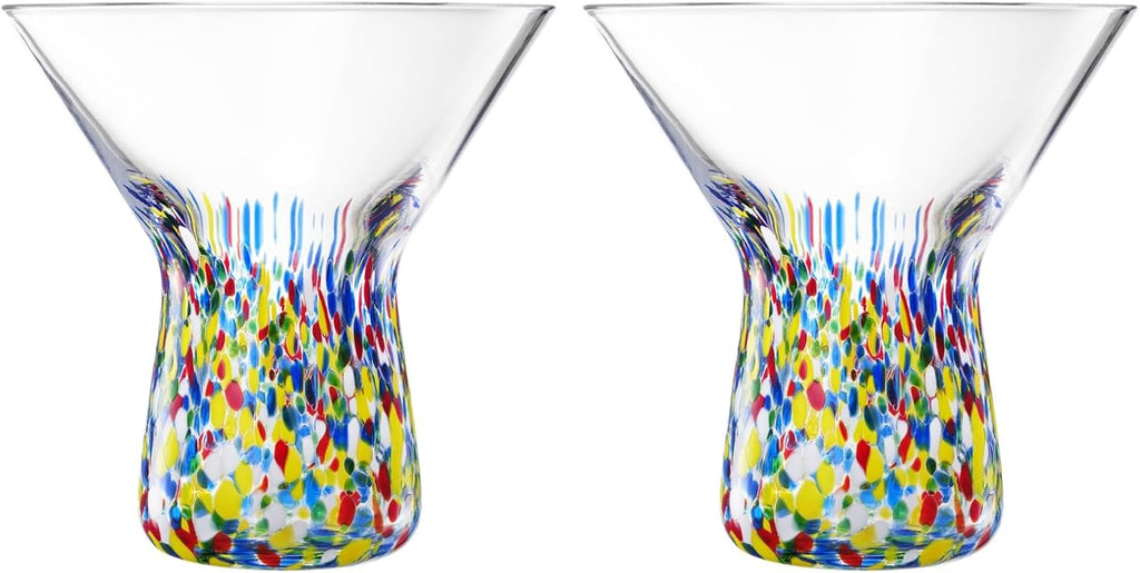 The Wine Savant Stemless Martini Glasses Hand Blown Mexican Confetti Design Colorful Glass Drinkware - Set of 2 Clear