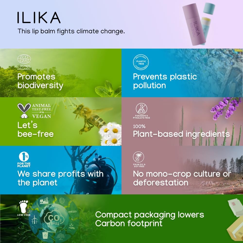 ILIKA Lip Balm, Organic,100% Plant-Based, 2X Volume, Low CO2e - COSMOS Certified Organic, PETA Certified Vegan & Cruelty-Free, Biodegradable Tube 4 Pack, Essential Collection