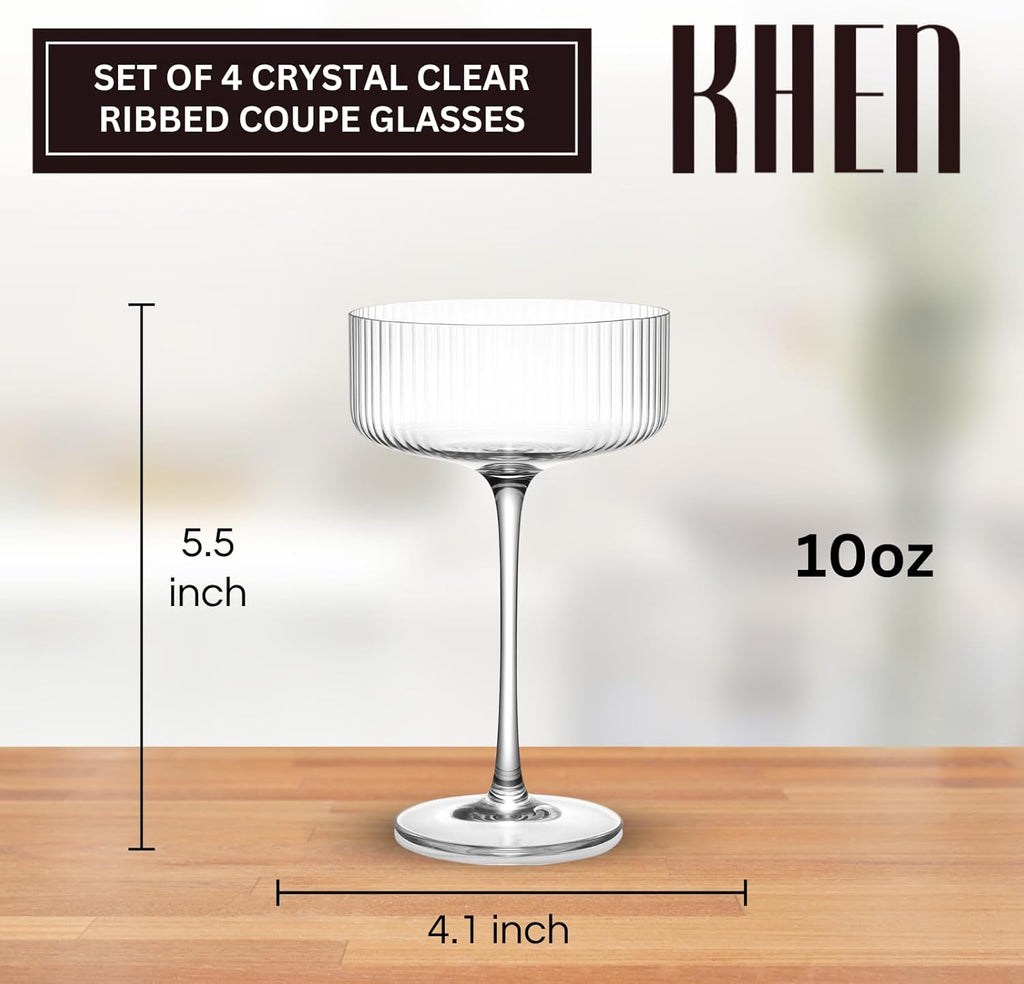Ribbed Coupe Glasses Set Crystal Bar Drinkware Vintage Style Cocktail Martini Champagne Glassware – 10oz Clear