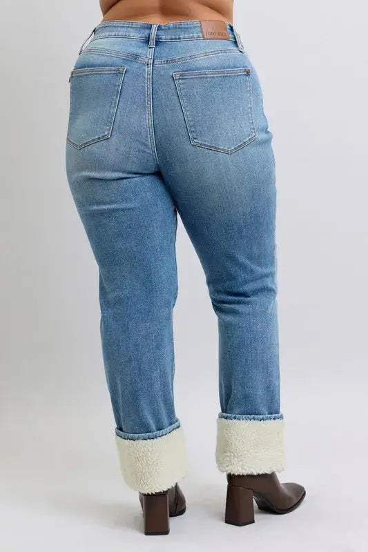 Plus Size High Waist Shearling Cuff Straight Leg Judy Blue Jeans