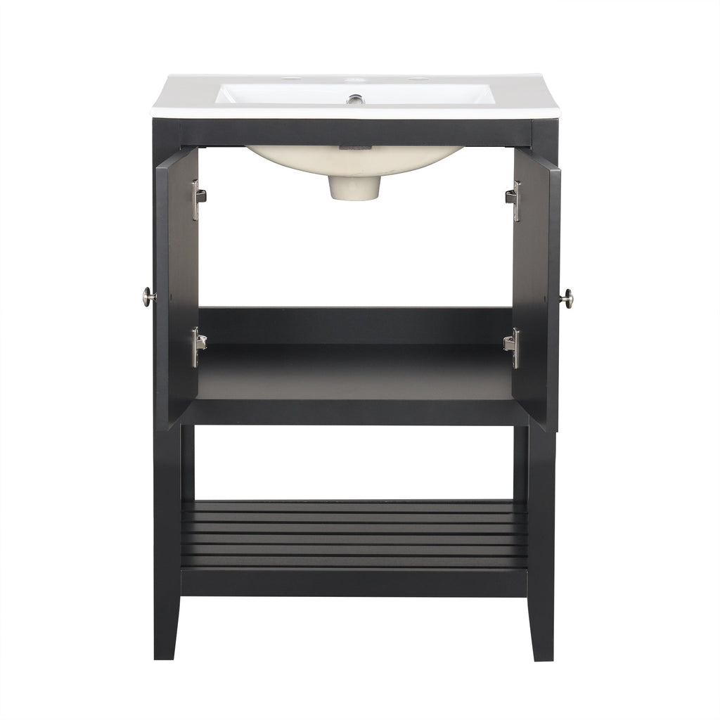 24" Black Modern Sleek Bathroom Vanity Elegant Ceramic Sink with Solid Wood Frame Open Style Shelf