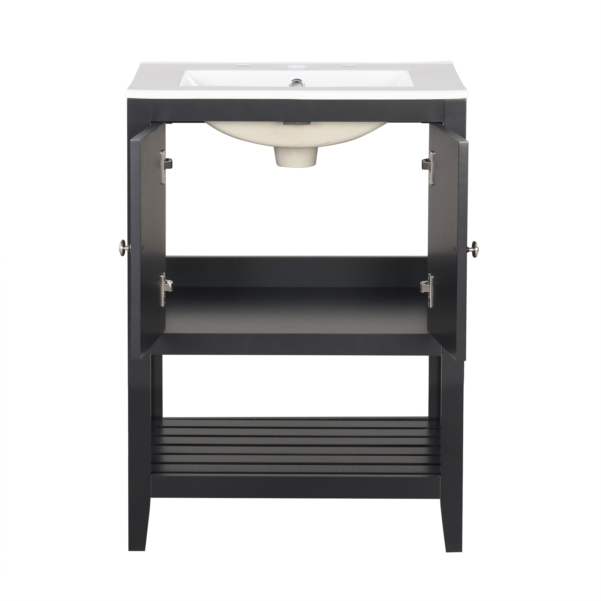 24" Black Modern Sleek Bathroom Vanity Elegant Ceramic Sink with Solid Wood Frame Open Style Shelf