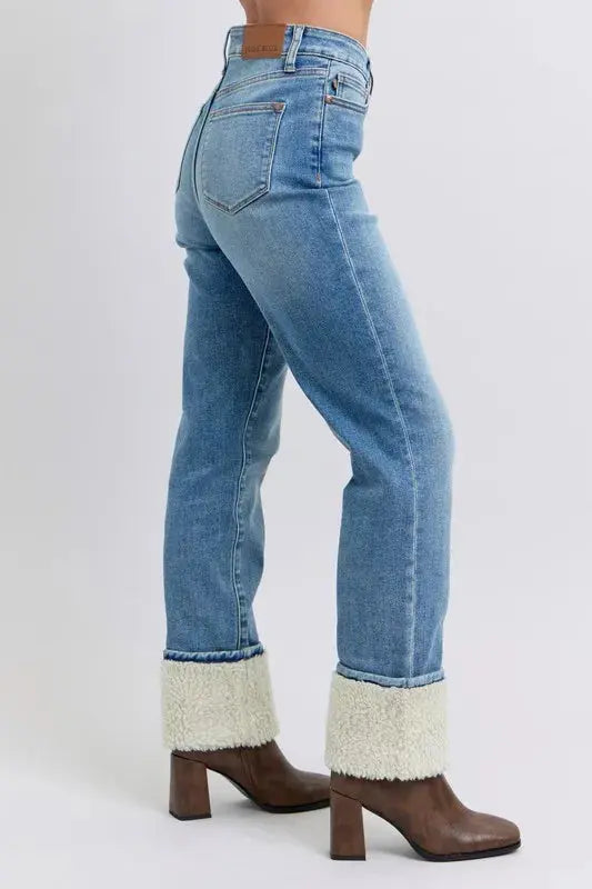 Plus Size High Waist Shearling Cuff Straight Leg Judy Blue Jeans