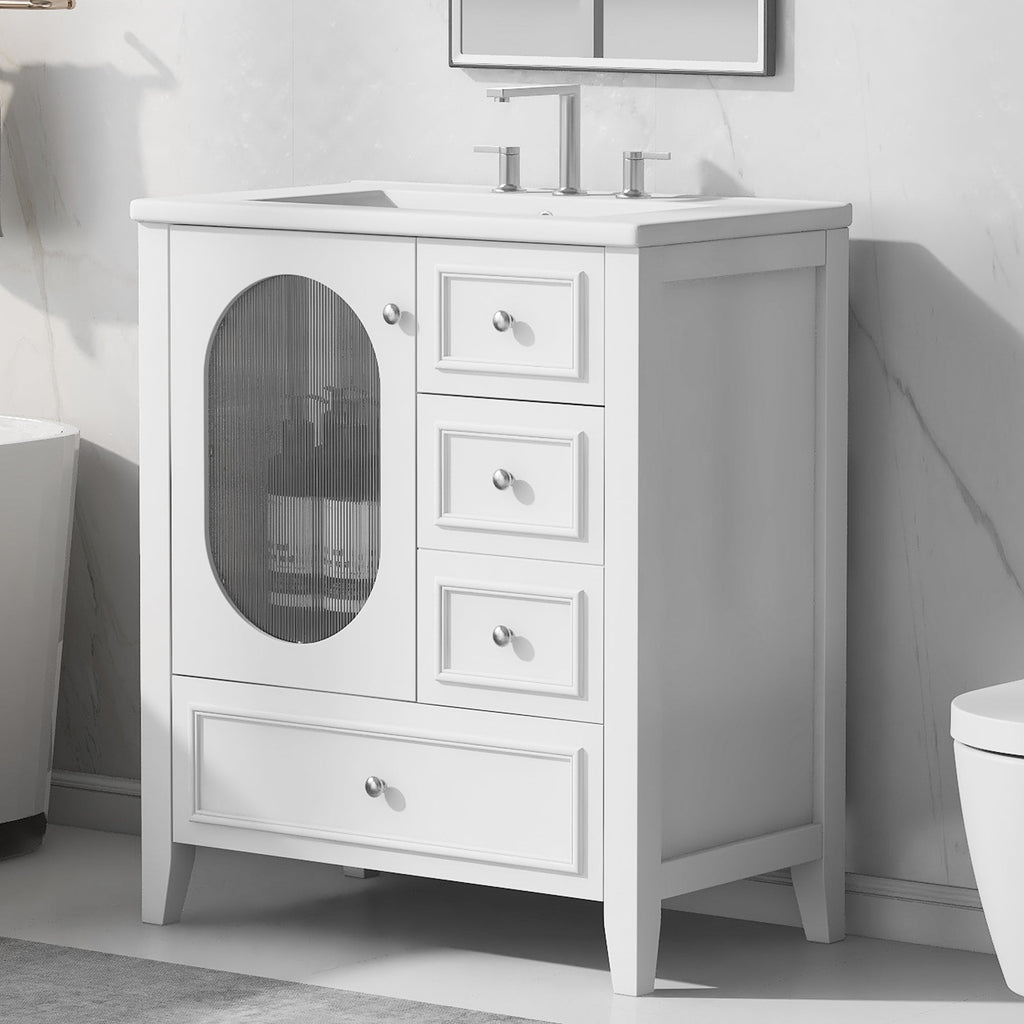 30" Bathroom Vanity with Sink, Bathroom Vanity Cabinet with Three Drawers and Door, Solid Wood and MDF, White