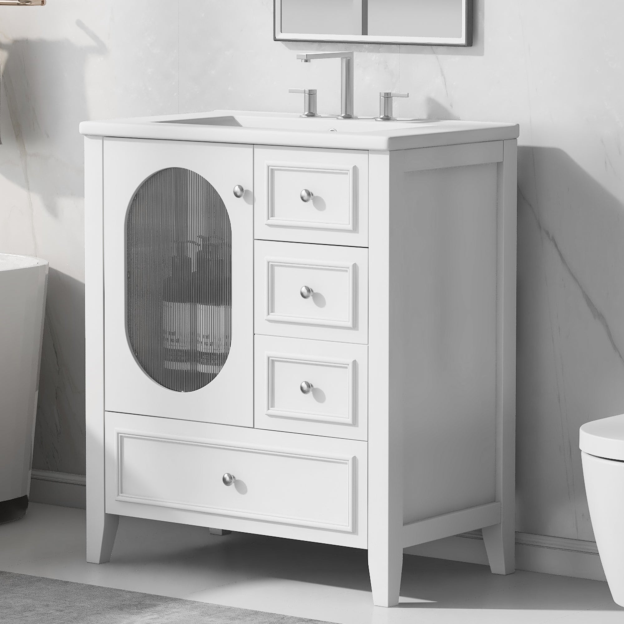 30" Bathroom Vanity with Sink, Bathroom Vanity Cabinet with Three Drawers and Door, Solid Wood and MDF, White