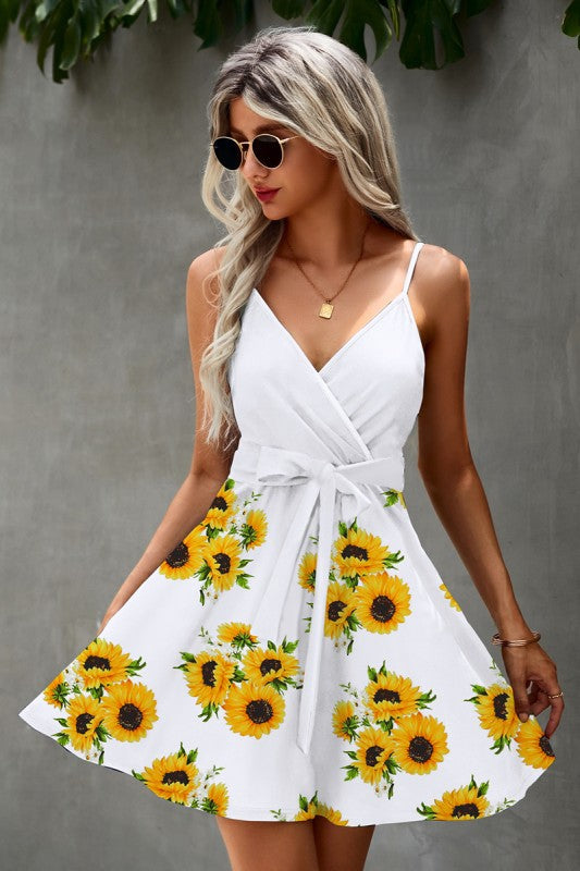 Floral V Neck Spaghetti Strap Belted Cami Dress