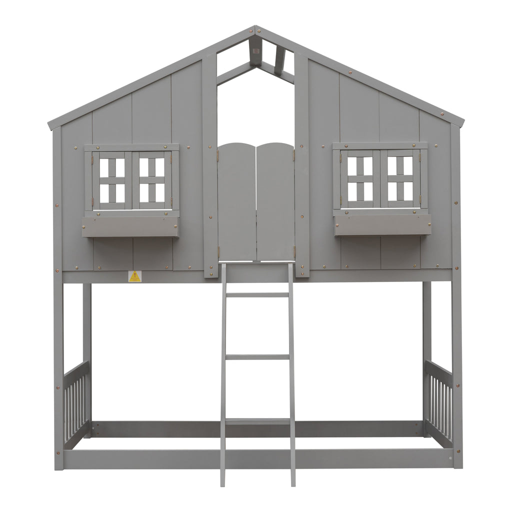 Twin over Twin House Bunk Bed with Roof , Window, Window Box, Door , with Safety Guardrails and Ladder, Grey