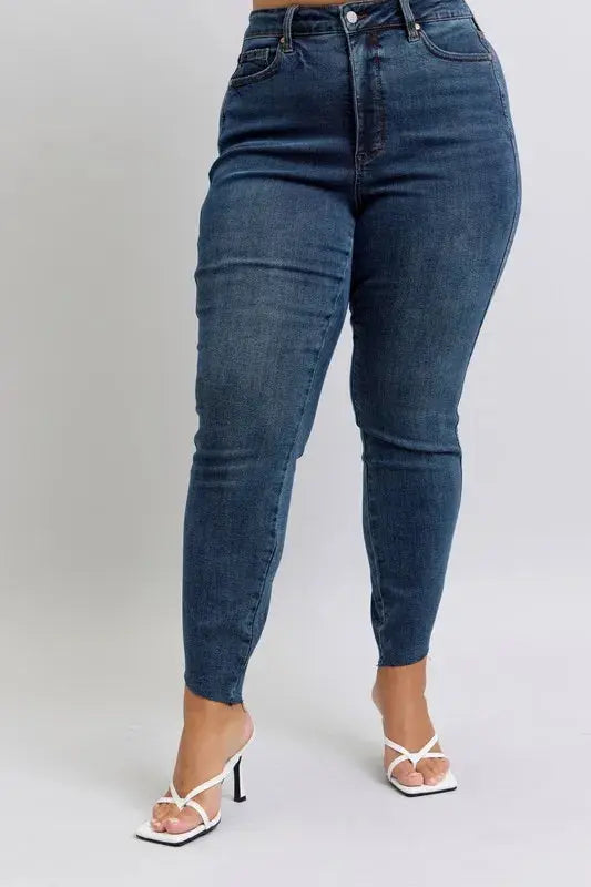 Full Size High Waist Tummy Control Step Hem Skinny Judy Blue Jeans