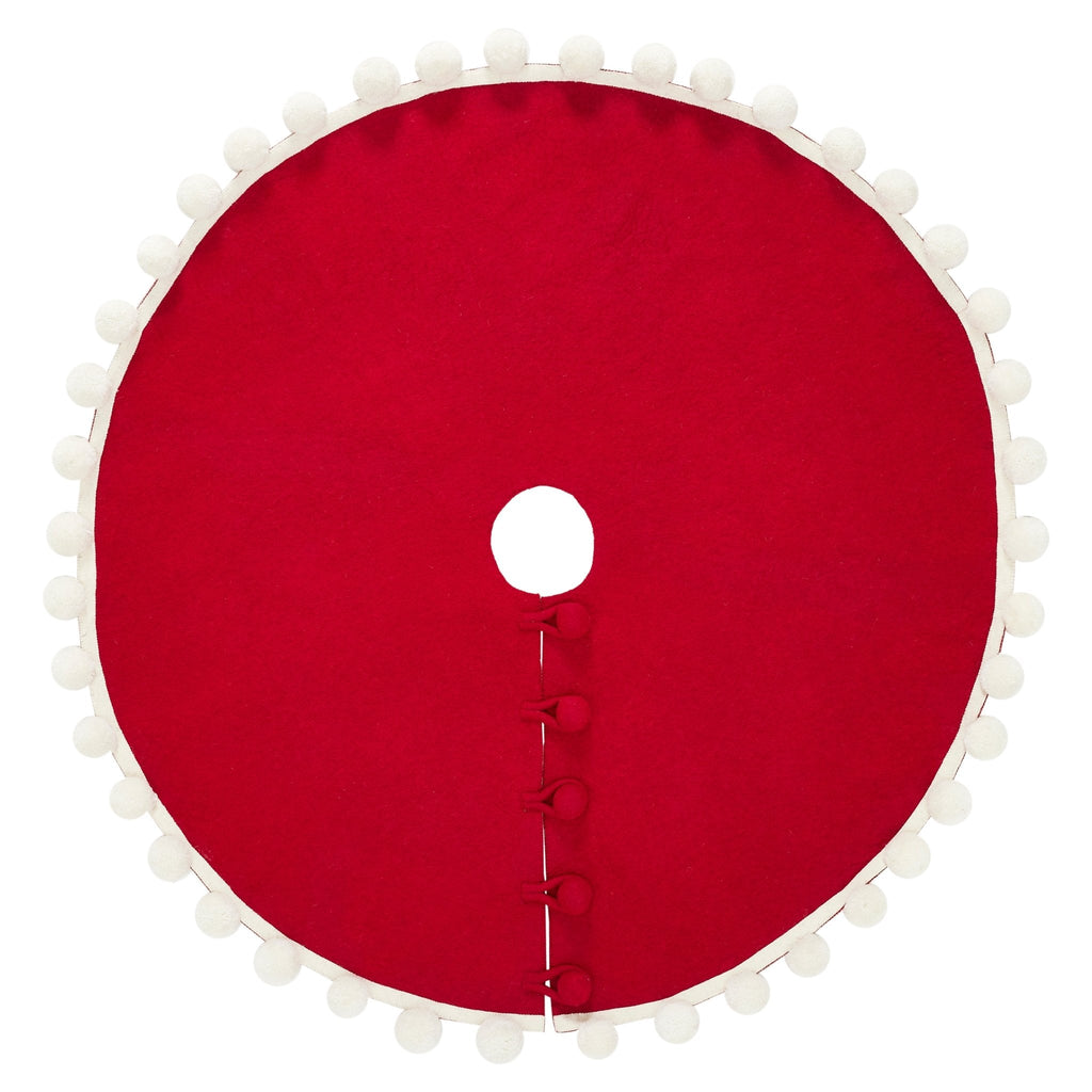 Handmade Christmas Tree Skirt Felt - Pom Poms Red 63" / 72" Arcadia Home