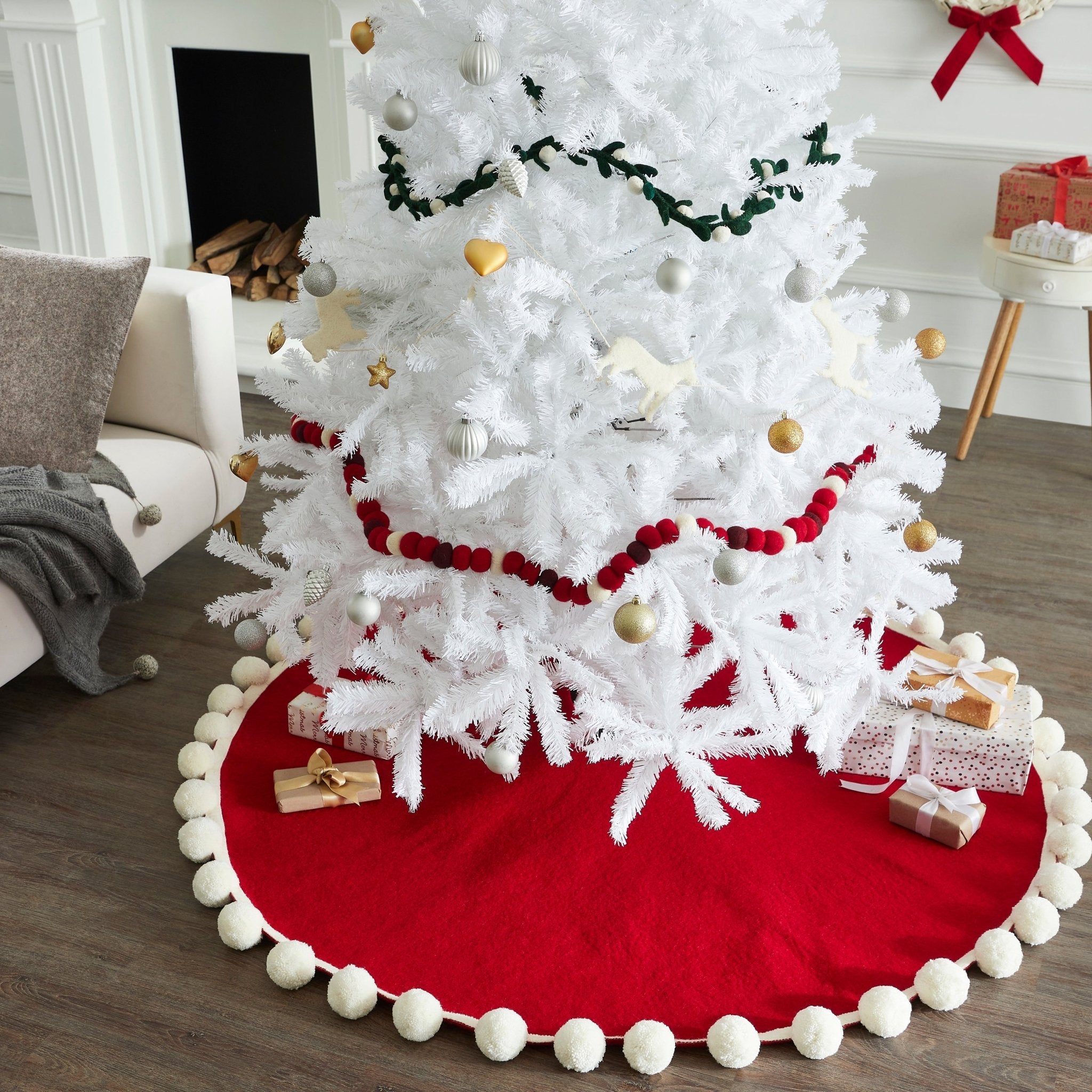 Handmade Christmas Tree Skirt Felt - Pom Poms Red 63" / 72" Arcadia Home