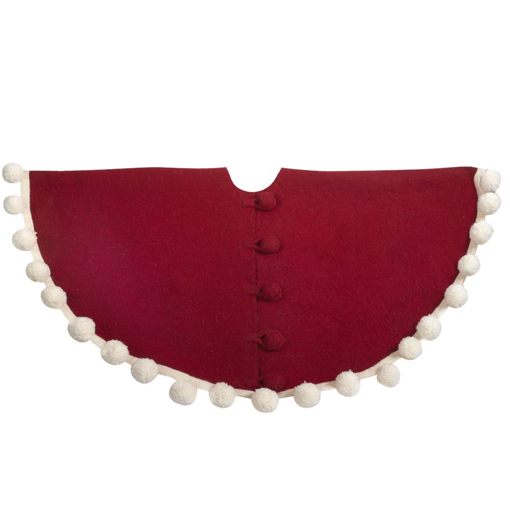 Handmade Christmas Tree Skirt Felt - Pom Poms Red 63" / 72" Arcadia Home