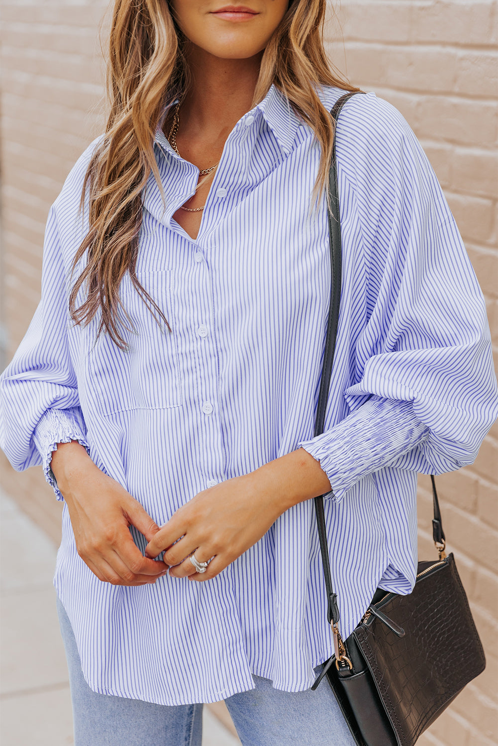 Stripe Smocked Long Sleeve Button-Up Shirt