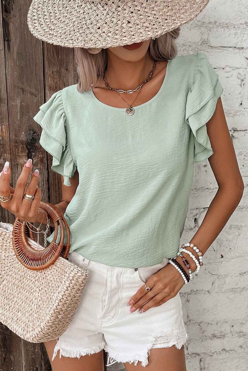Aqua Ruffle Sleeve Blouse - Clearly Aqua Solid Color Crinkled Top