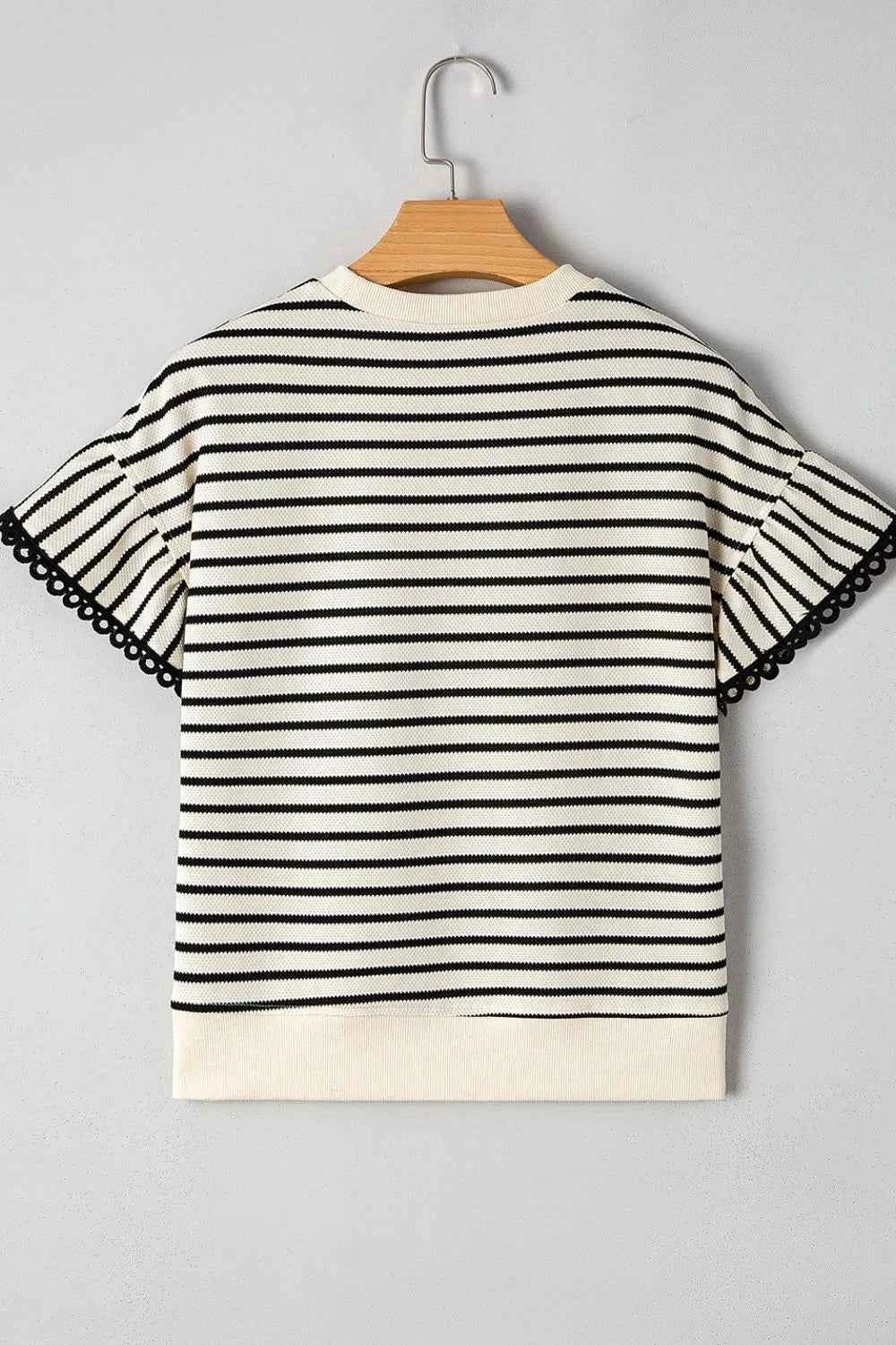 Striped Ruffle Sleeve Blouse with Round Neck