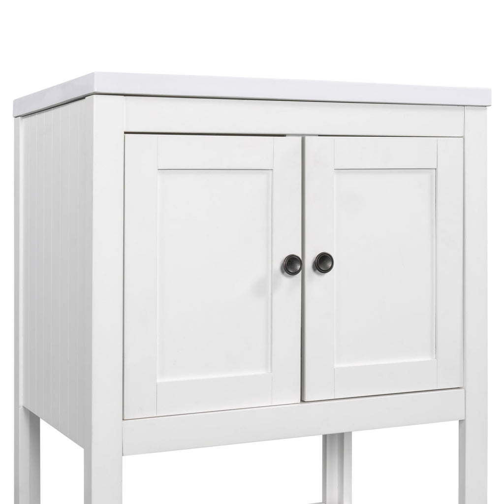24" White Modern Sleek Bathroom Vanity Elegant Ceramic Sink with Solid Wood Frame Open Style Shelf