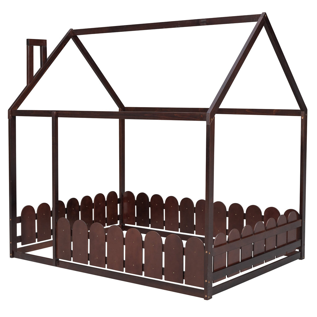 (Slats are not included)Full Size Wood Bed House Bed Frame with Fence for Kids Teens Girls Boys (Espresso )