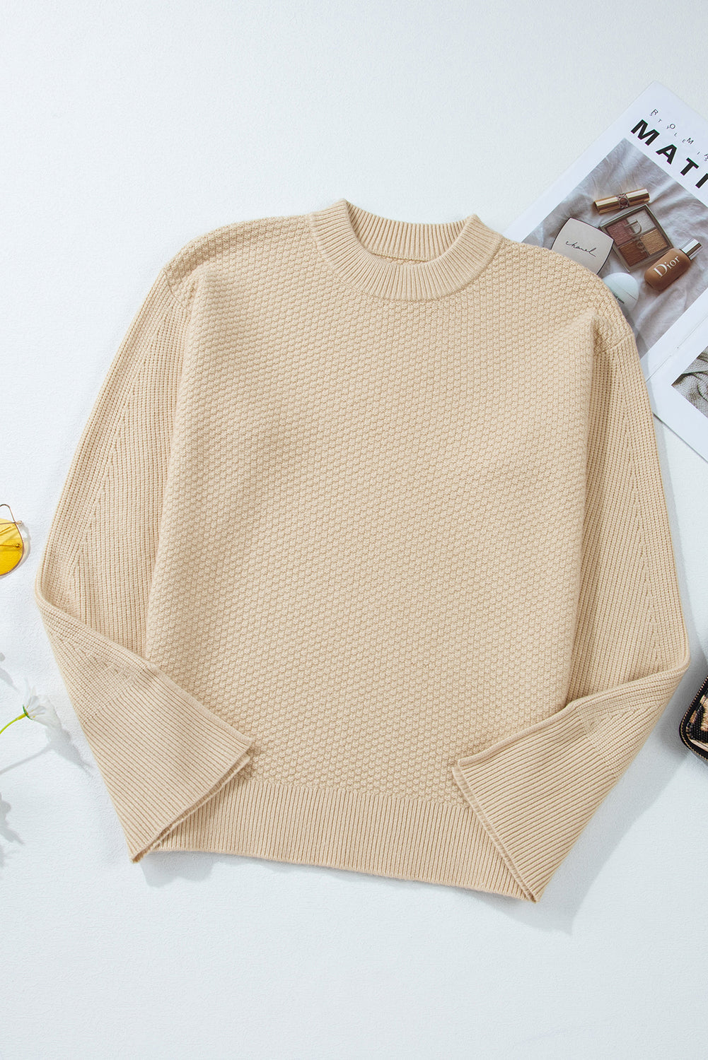 Parchment Knit Women's Top with Solid Textured Design and Split Cuff Drop Shoulder