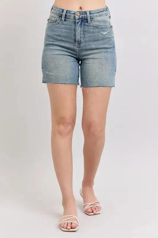 Judy Blue Jeans - Plus Size High Waist Vintage Wash Side Slit Denim Shorts