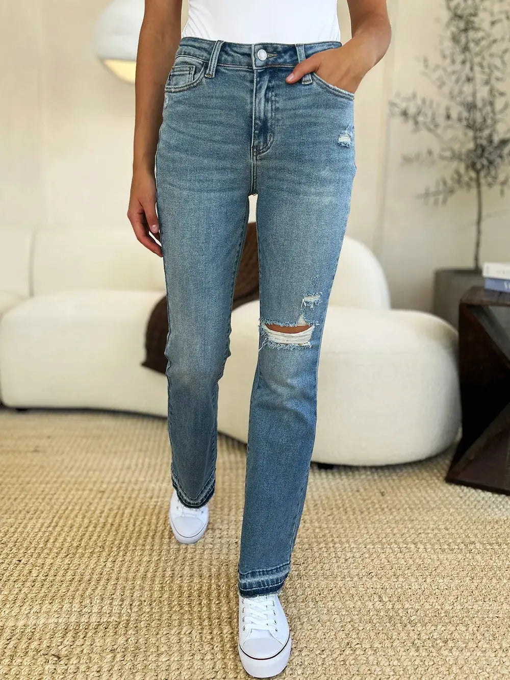 Full Size Mid Rise Destroyed Hem Distressed Judy Blue Jeans
