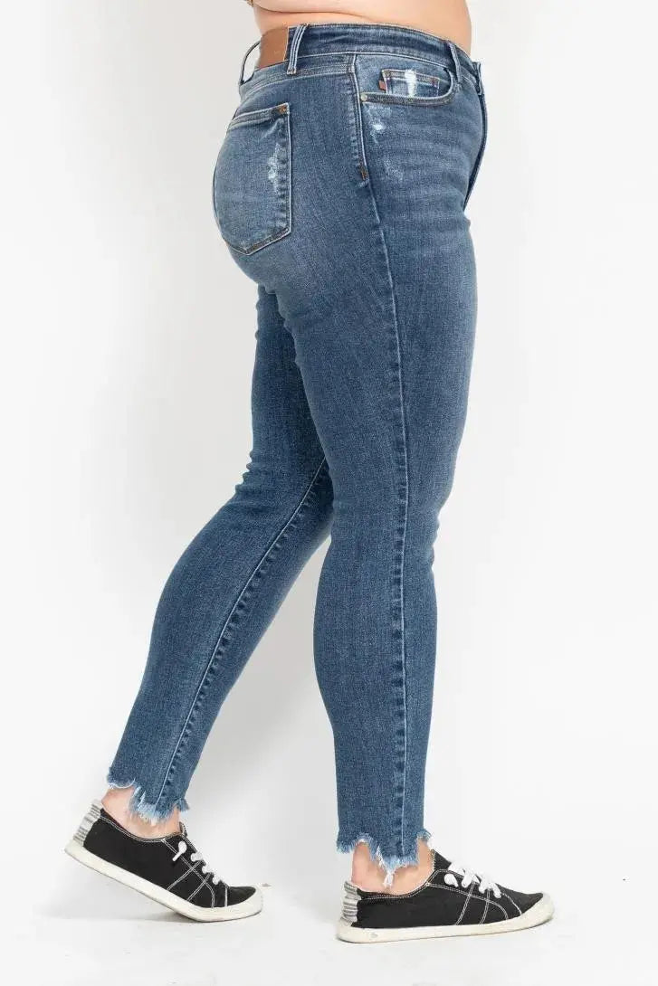 Plus Size High Waist Skinny Judy Blue Jeans with Destroy & Shark Bit Hem
