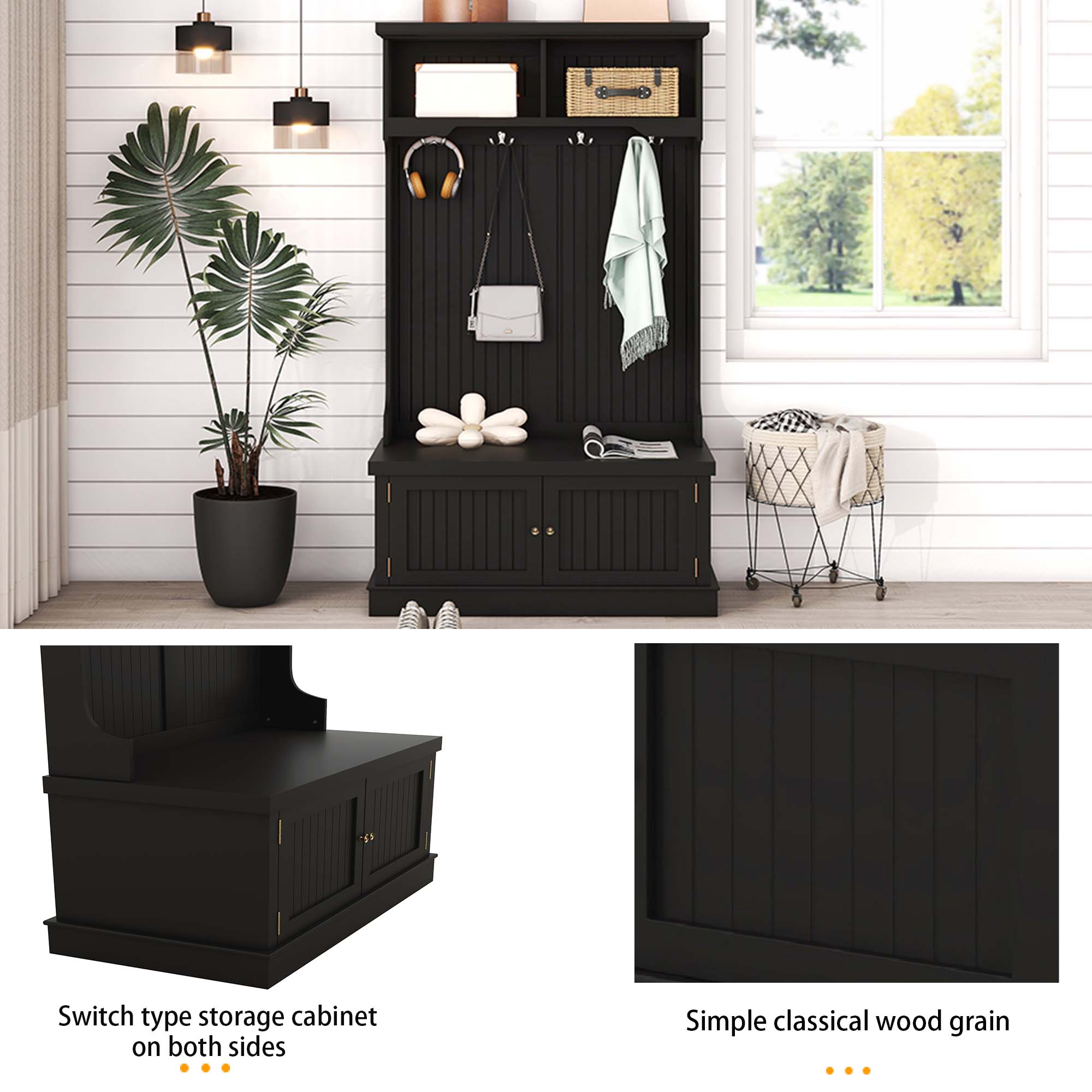 Hall Tree with Storage Shoe Bench for Entryway and Hallway 4-in-1 Design Coat Racks with 4 Hooks for Living Room Black