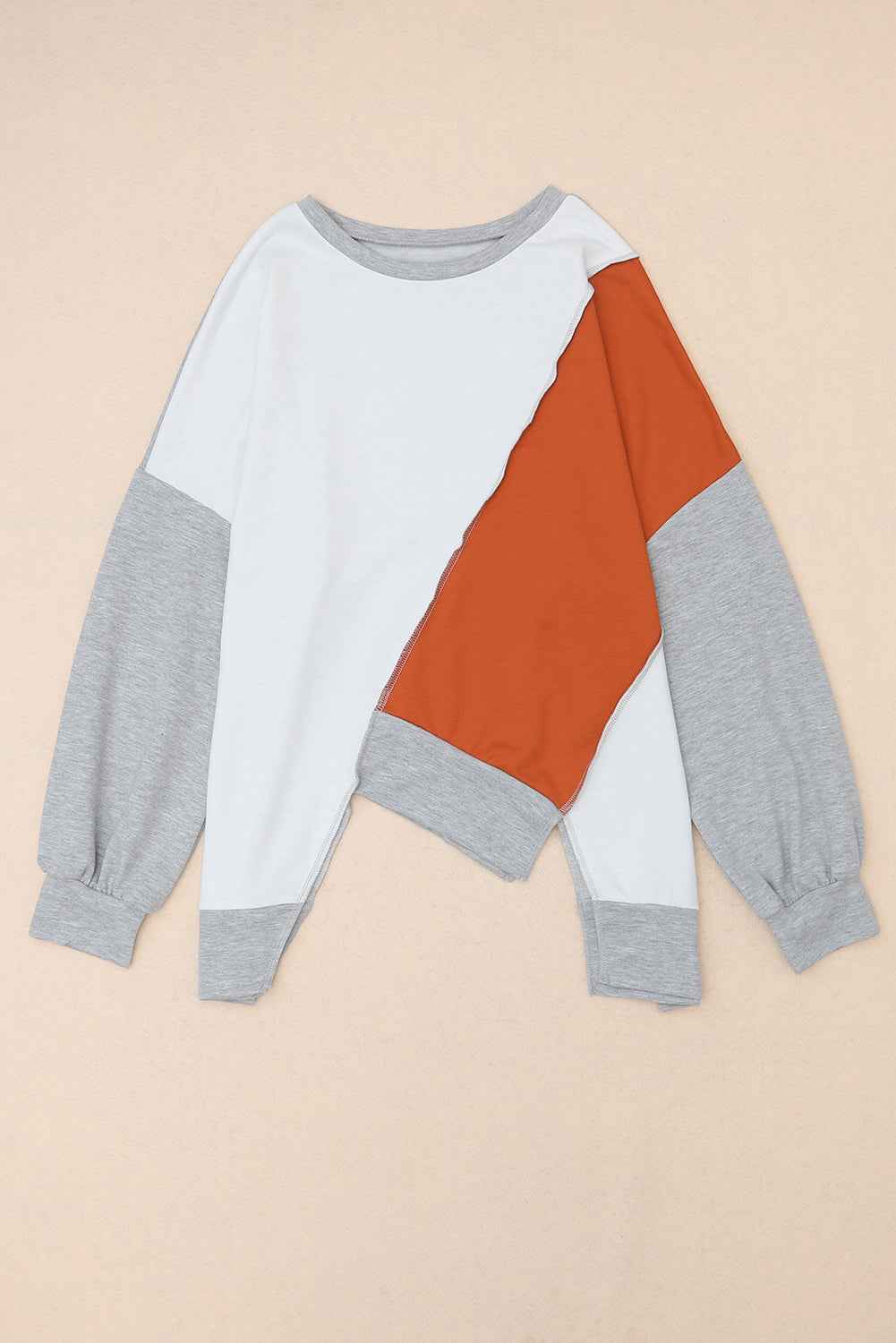 Khaki Colorblock Sweatshirt with Irregular Hem and Long Sleeves Women's Top