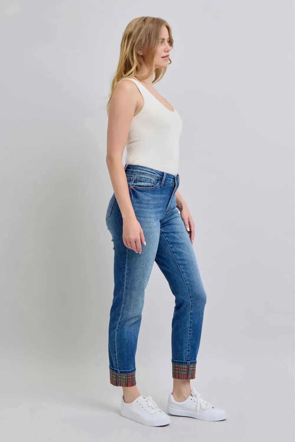 Full/Plus Size Plaid Print Cuff Straight Leg Judy Blue Jeans with Pockets
