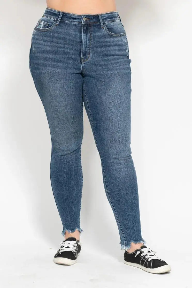 Plus Size High Waist Skinny Judy Blue Jeans with Destroy & Shark Bit Hem