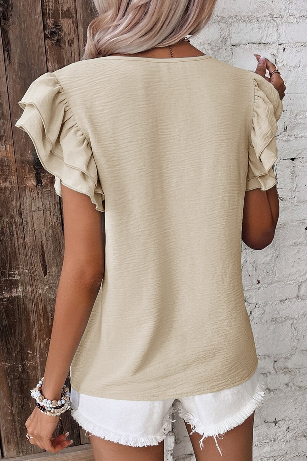 Aqua Ruffle Sleeve Blouse - Clearly Aqua Solid Color Crinkled Top