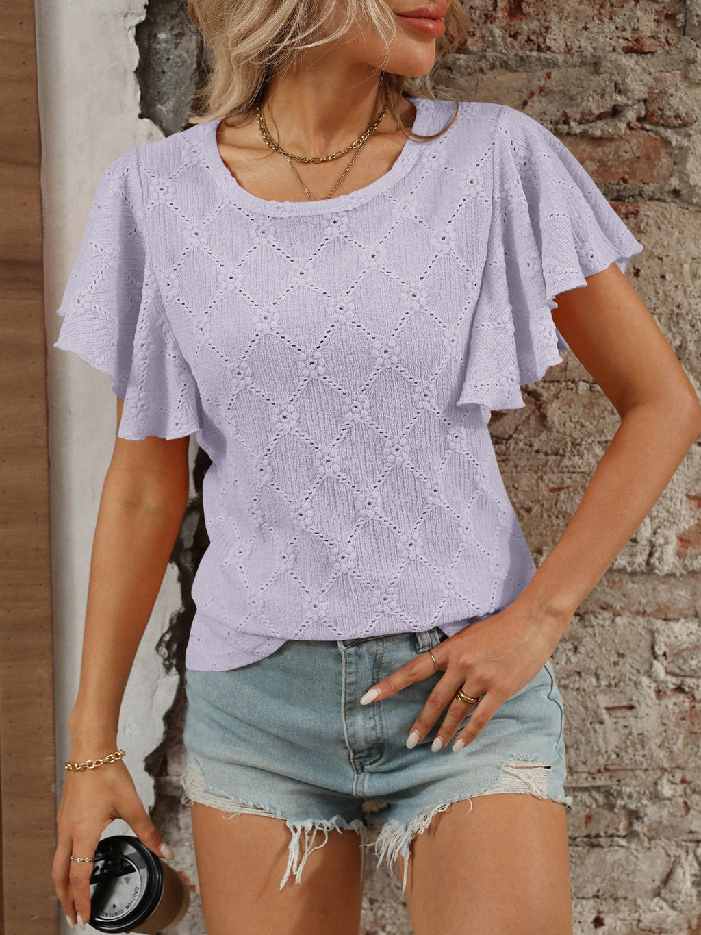 Eyelet Flutter Sleeve Top - Round Neck & Stylish Women's Top