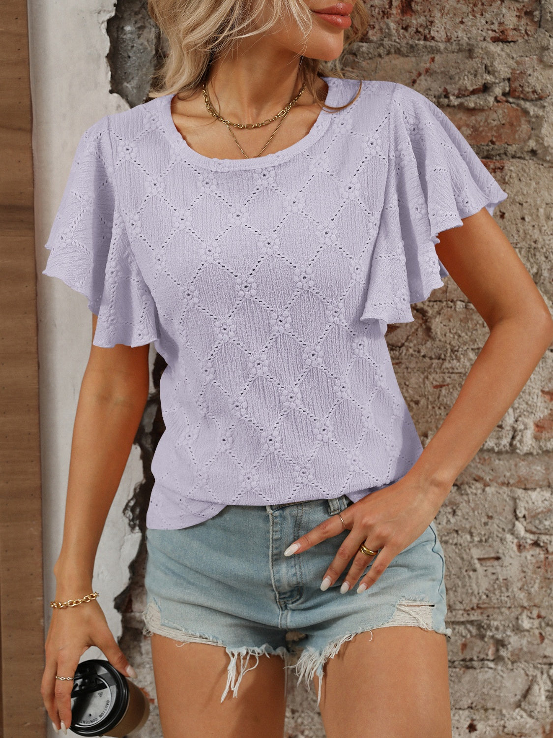 Eyelet Flutter Sleeve Top - Round Neck & Stylish Women's Top