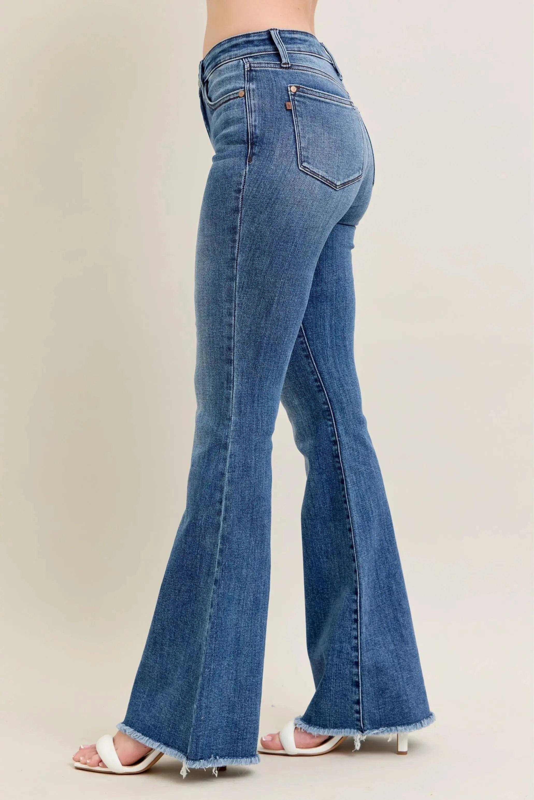Full Size/Plus Size Mr Vintage Wash Flare Judy Blue Jeans w/ Destroy and Fray Hem