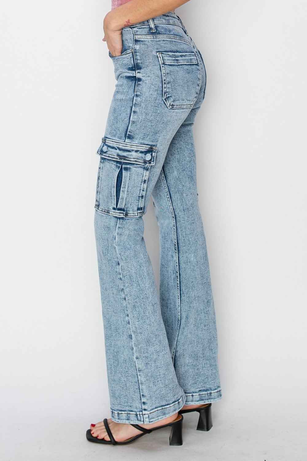 RISEN Full Size High Rise Cargo Flare Jeans for Women