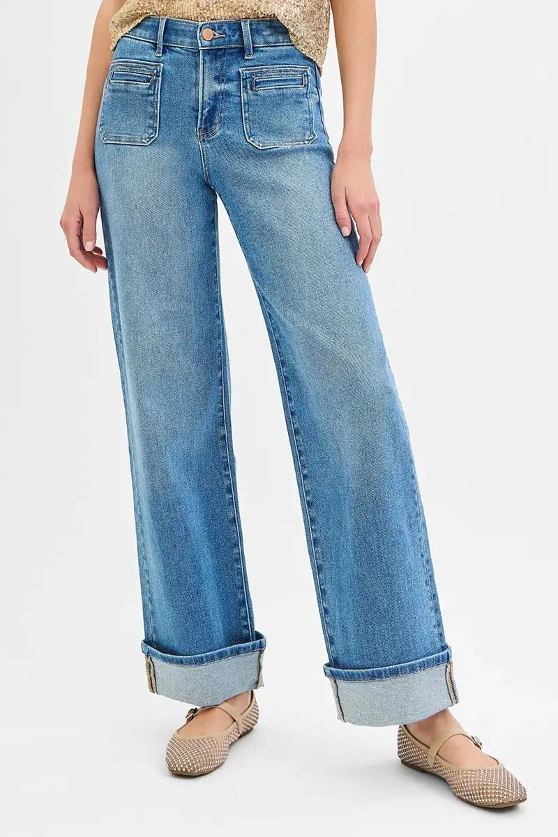 Full Size Elastic Band Mid Rise Wide Front Patch Pocket Cuff RISEN Jeans