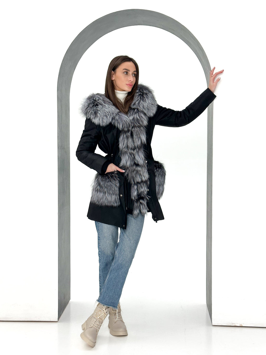 Genuine Silver Fox Fur Rabbit Fur Insulated Parka