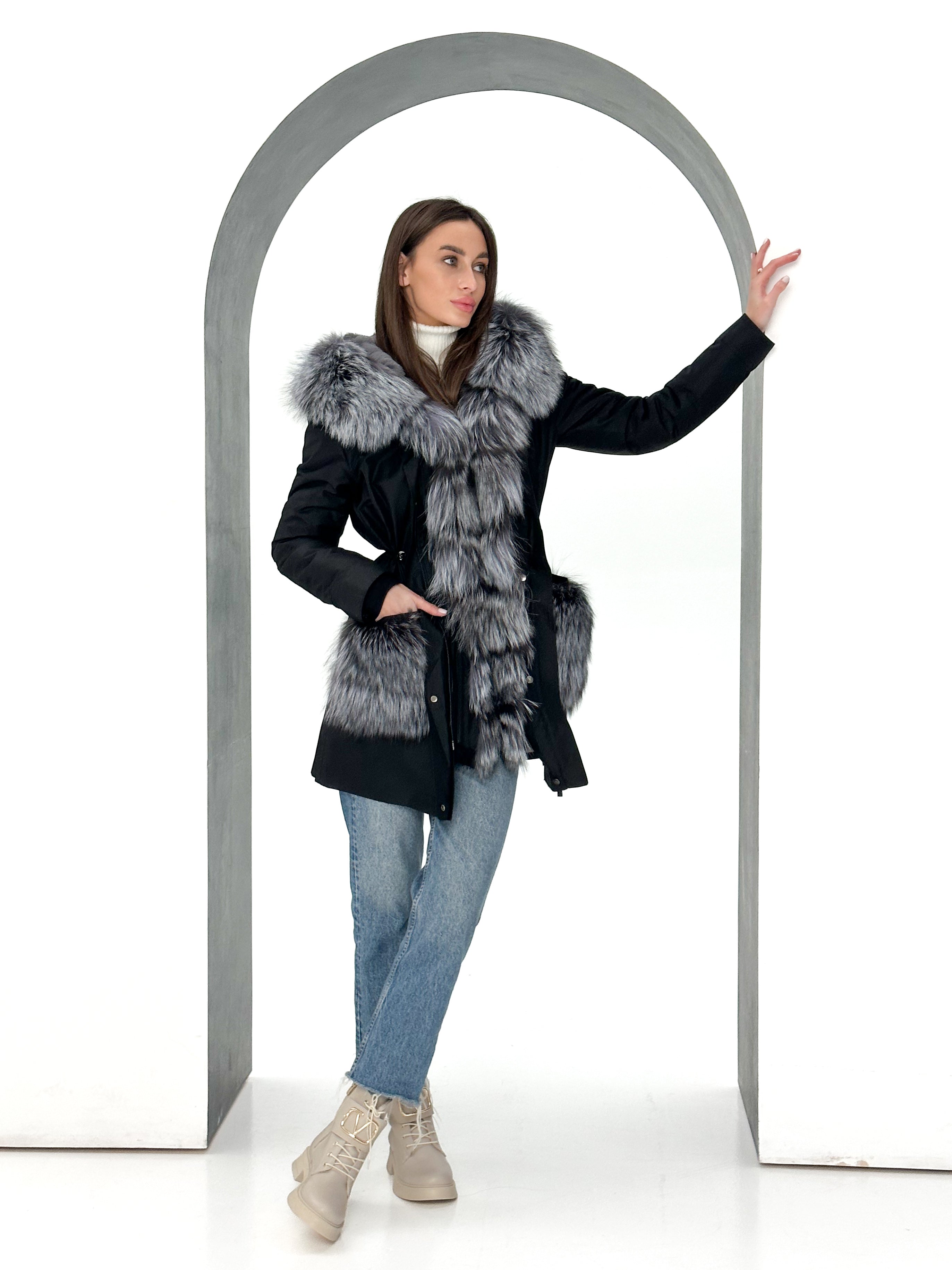 Genuine Silver Fox Fur Rabbit Fur Insulated Parka