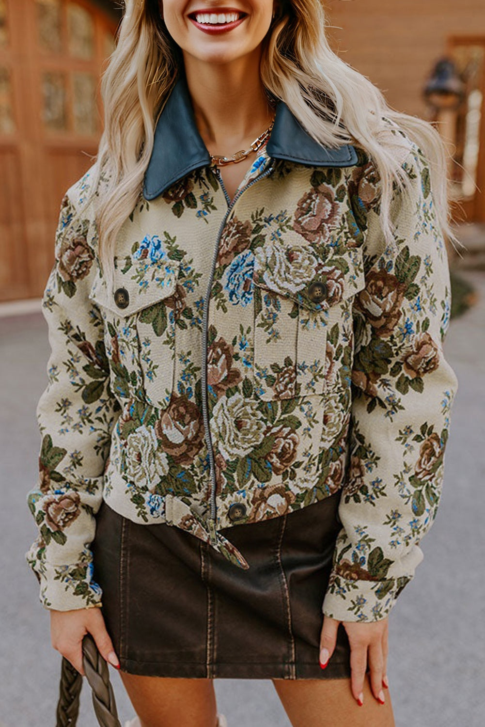 Floral Zip-Up Contrast Collared Jacket