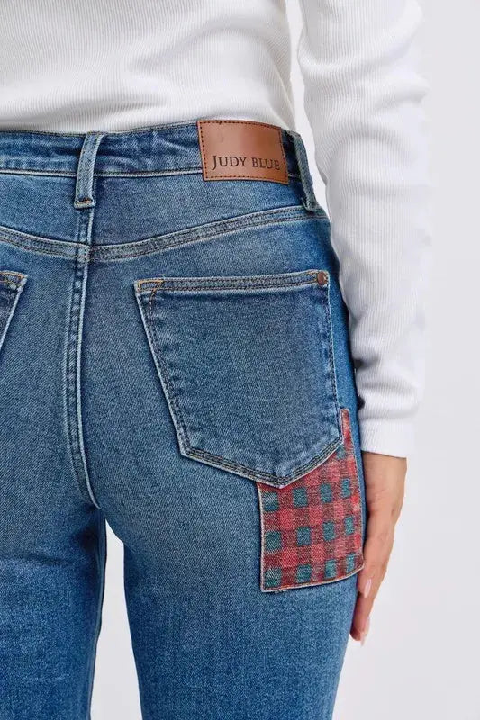 Plus Size High Waist Plaid Patch Slim Fit Judy Blue Jeans