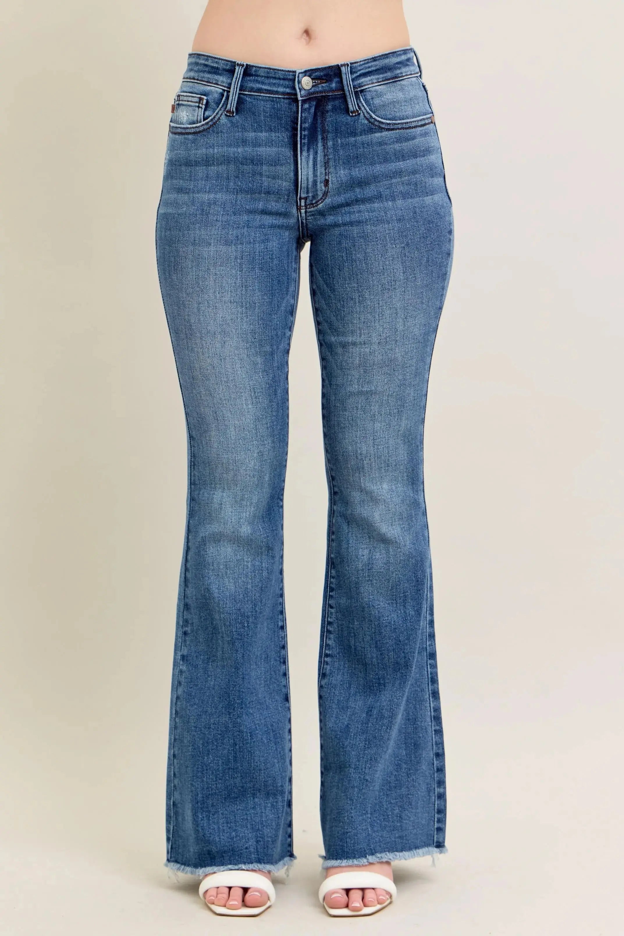 Full Size/Plus Size Mr Vintage Wash Flare Judy Blue Jeans w/ Destroy and Fray Hem