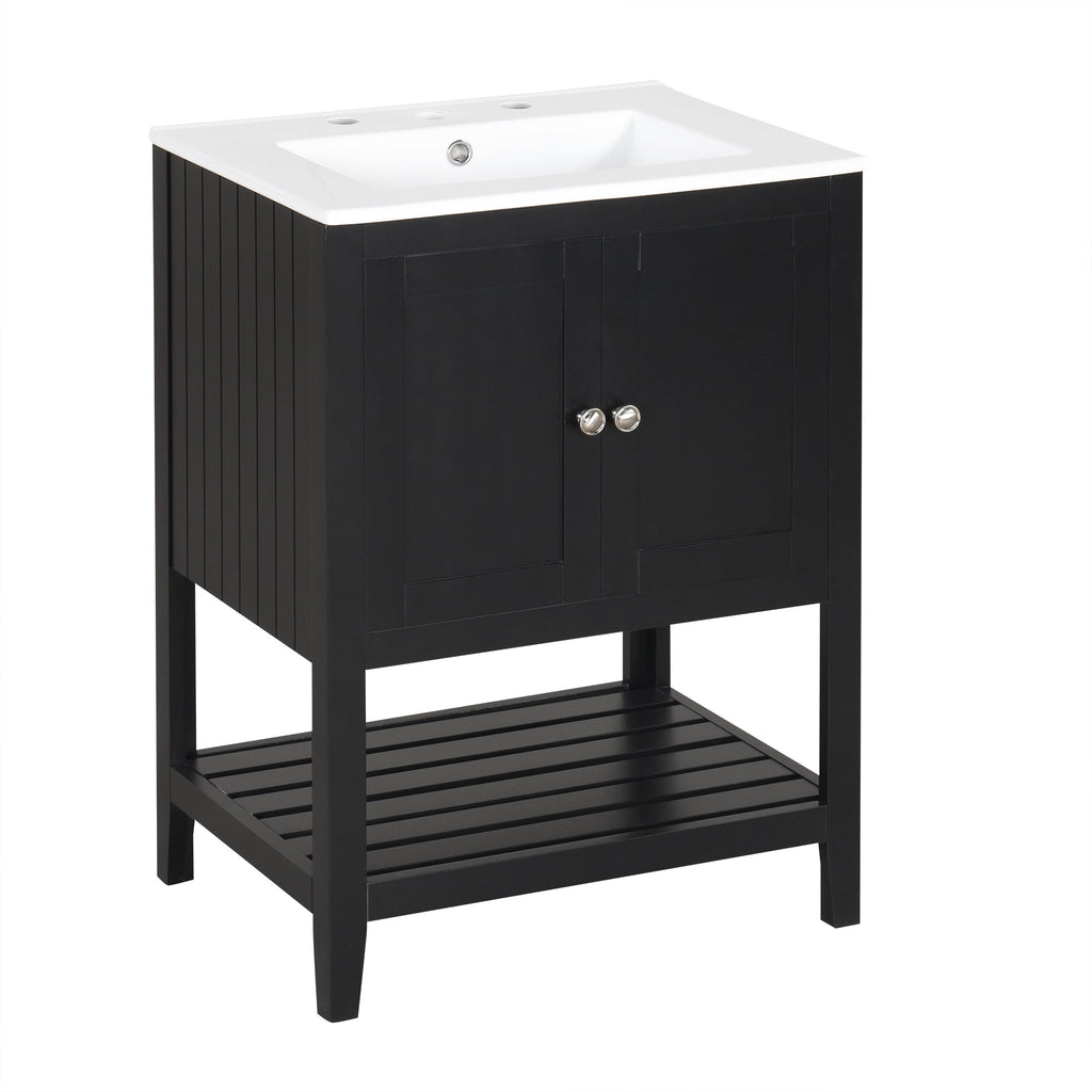 24" Black Modern Sleek Bathroom Vanity Elegant Ceramic Sink with Solid Wood Frame Open Style Shelf