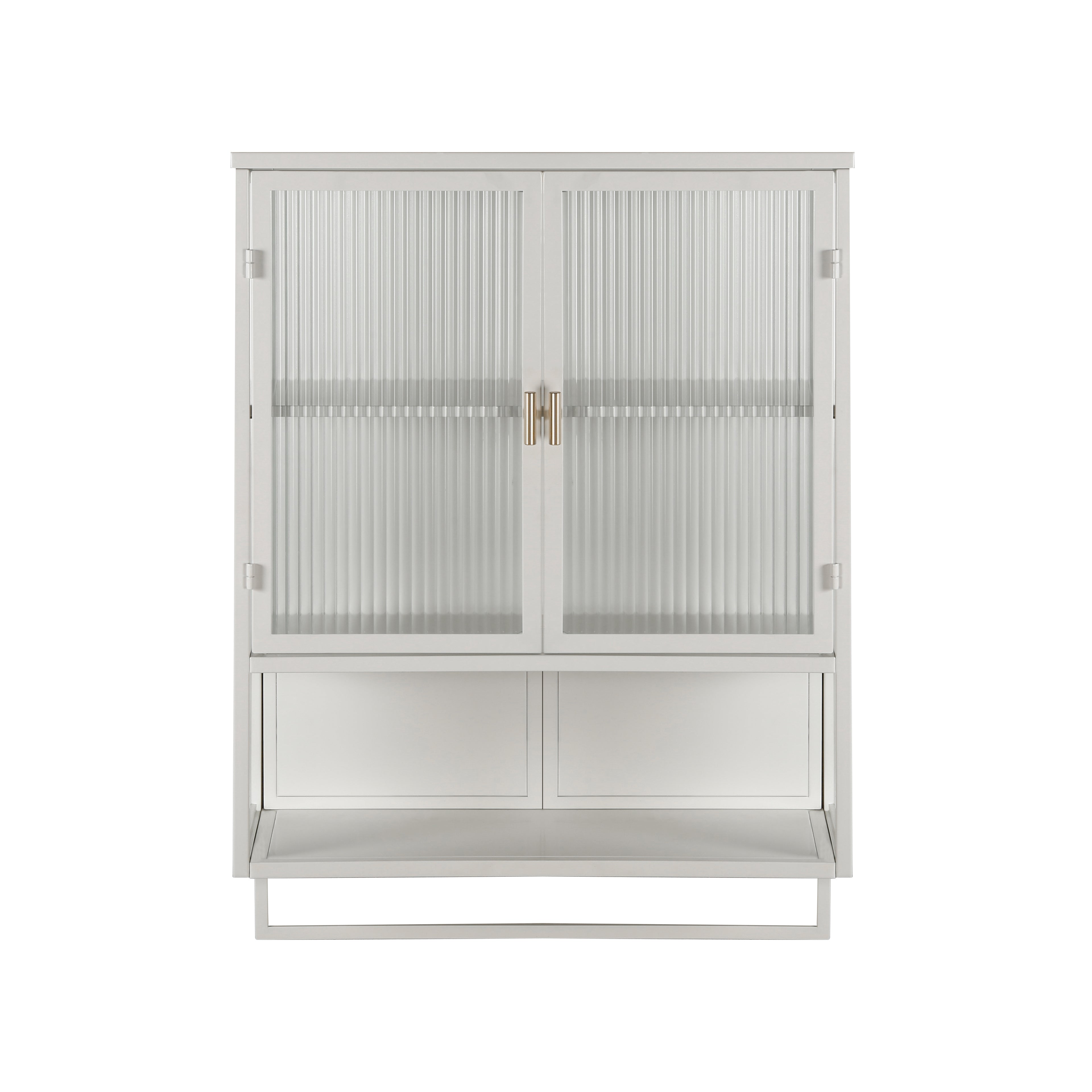 23.62"Glass Doors Modern Two-door Wall Cabinet with Featuring Two-tier Enclosed Storage an Open Shelf and Towel Rack