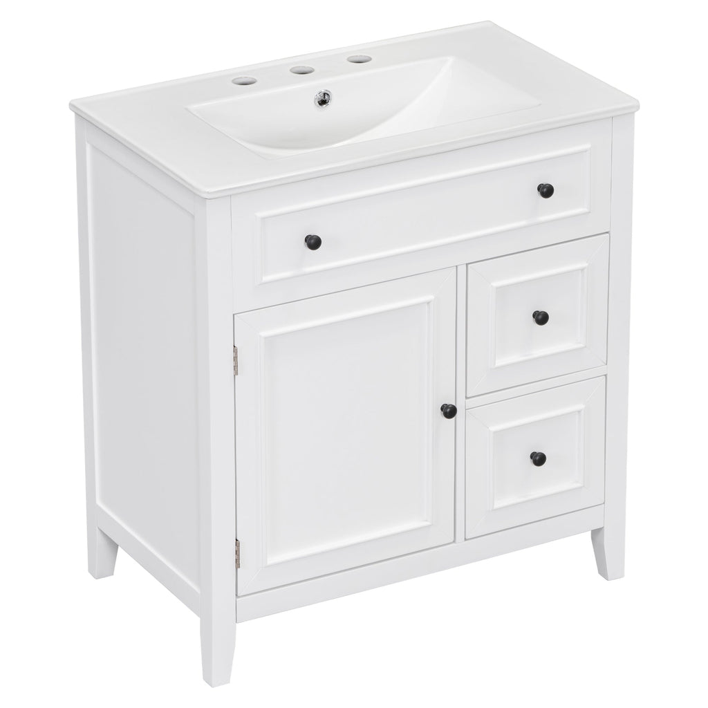 30" Bathroom Vanity with Sink Top, Bathroom Vanity Cabinet with Door and Two Drawers, Solid Wood Frame, One Package, White
