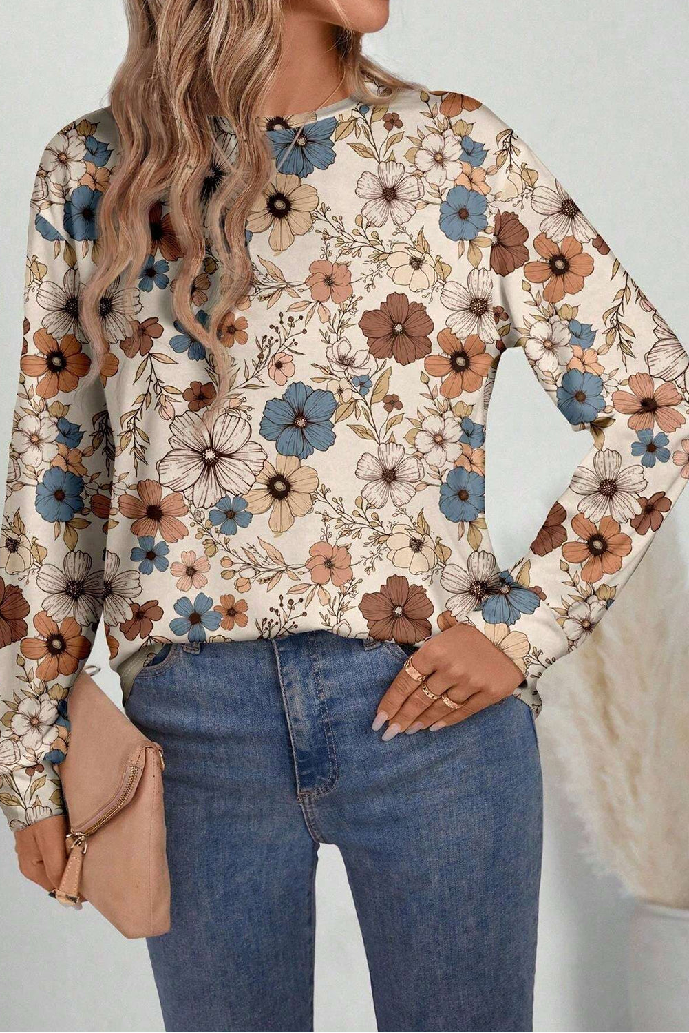 Khaki Floral Print Women's Top - Allover Floral Crew Neck Long Sleeve