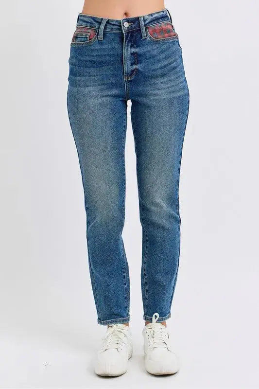 Plus Size High Waist Plaid Patch Slim Fit Judy Blue Jeans