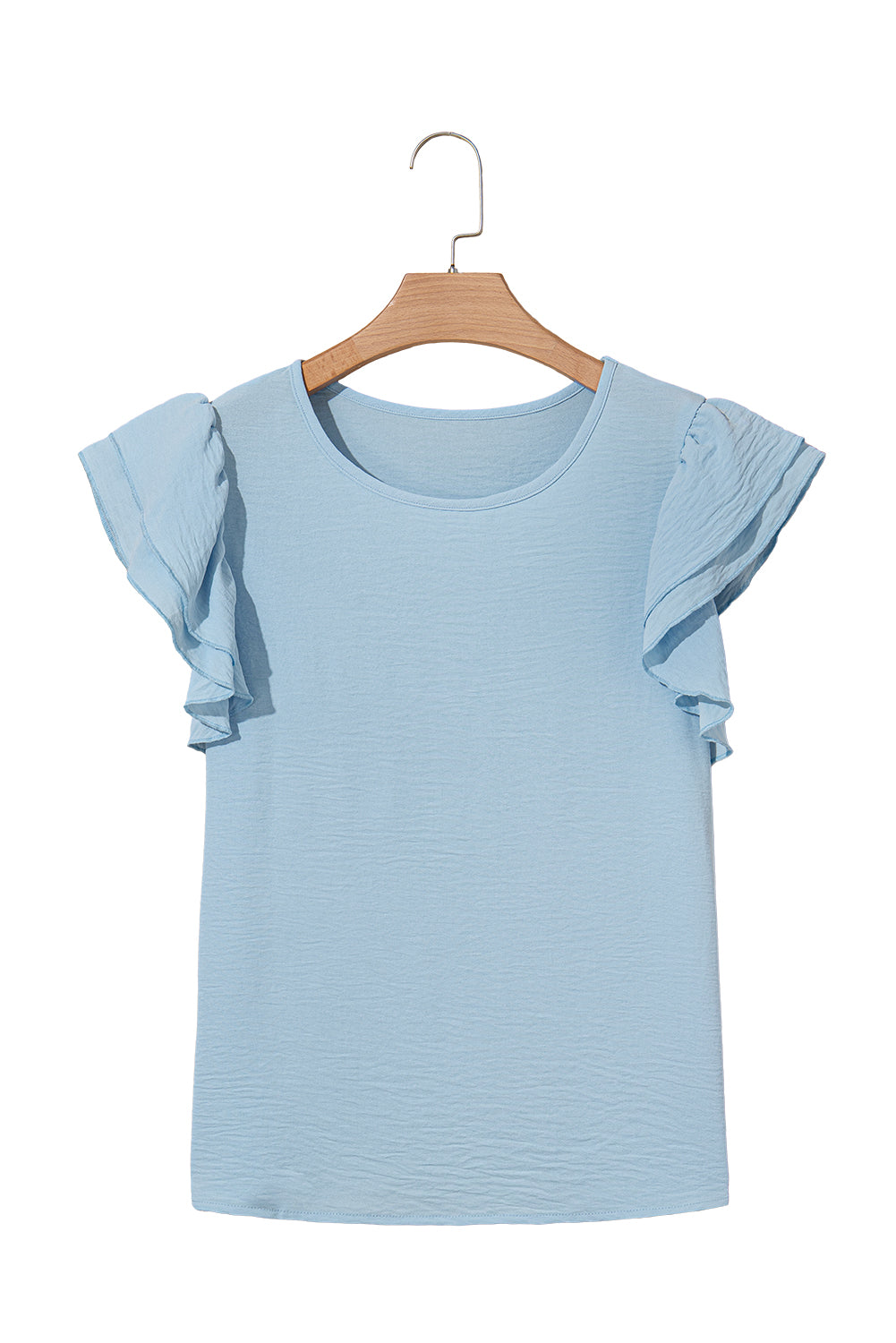 Aqua Ruffle Sleeve Blouse - Clearly Aqua Solid Color Crinkled Top