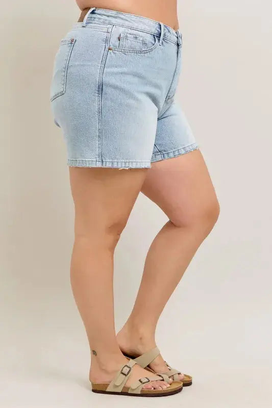 Judy Blue Jeans - Plus Size Frayed Hem High Rise Denim Shorts with Pockets