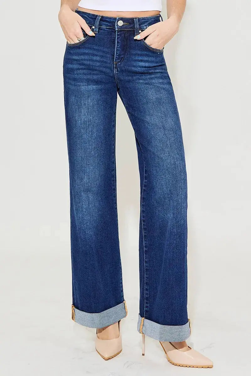 Full Size Tummy Control High Rise Wide Leg Cuffed RISEN Jeans