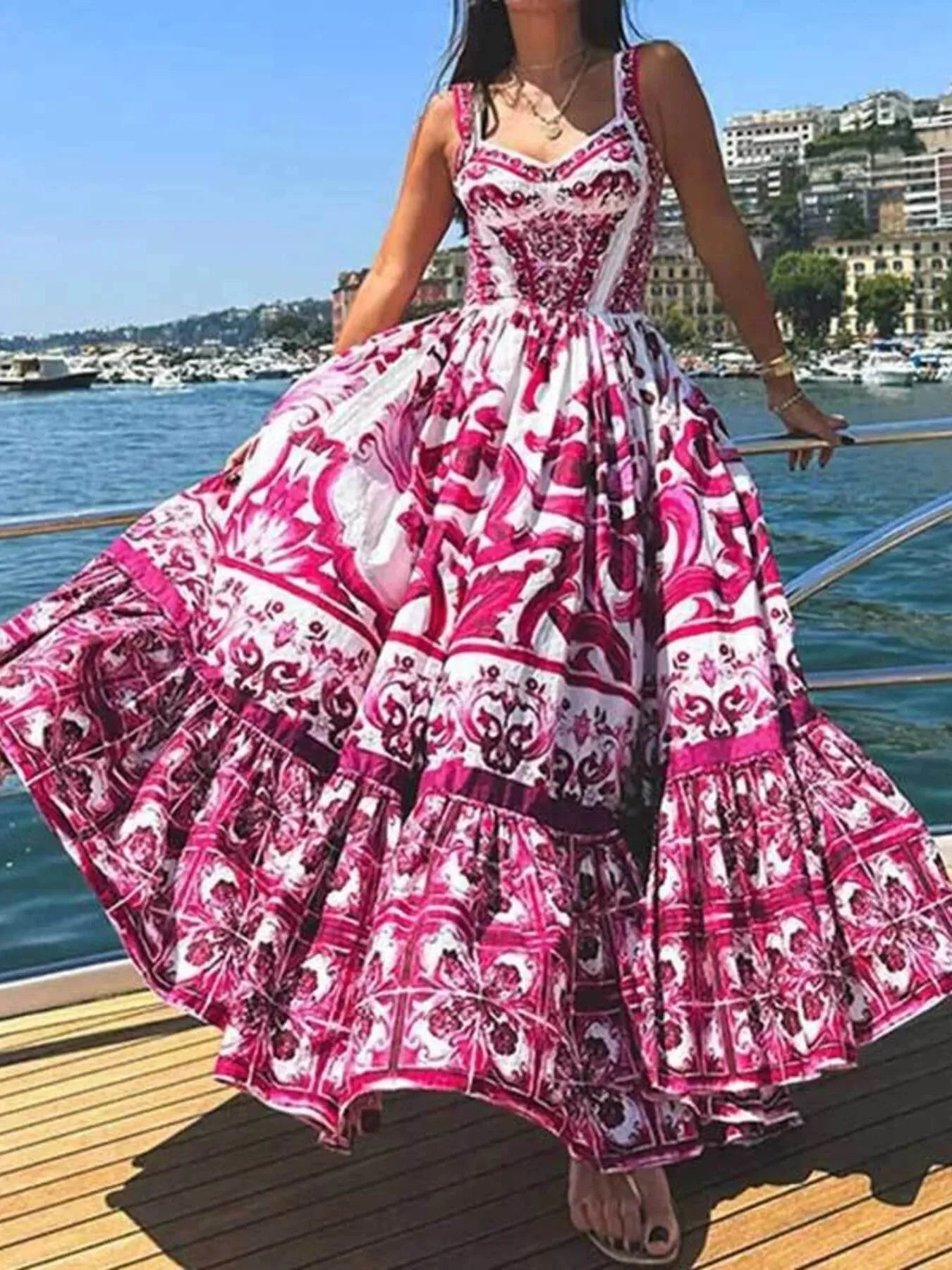 Full Size Boho Printed Sweetheart Neck Maxi Cami Dress