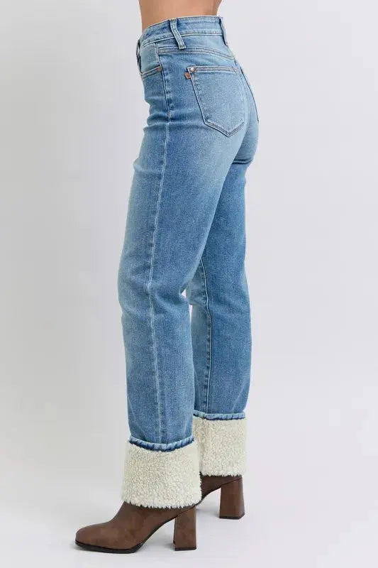 Plus Size High Waist Shearling Cuff Straight Leg Judy Blue Jeans