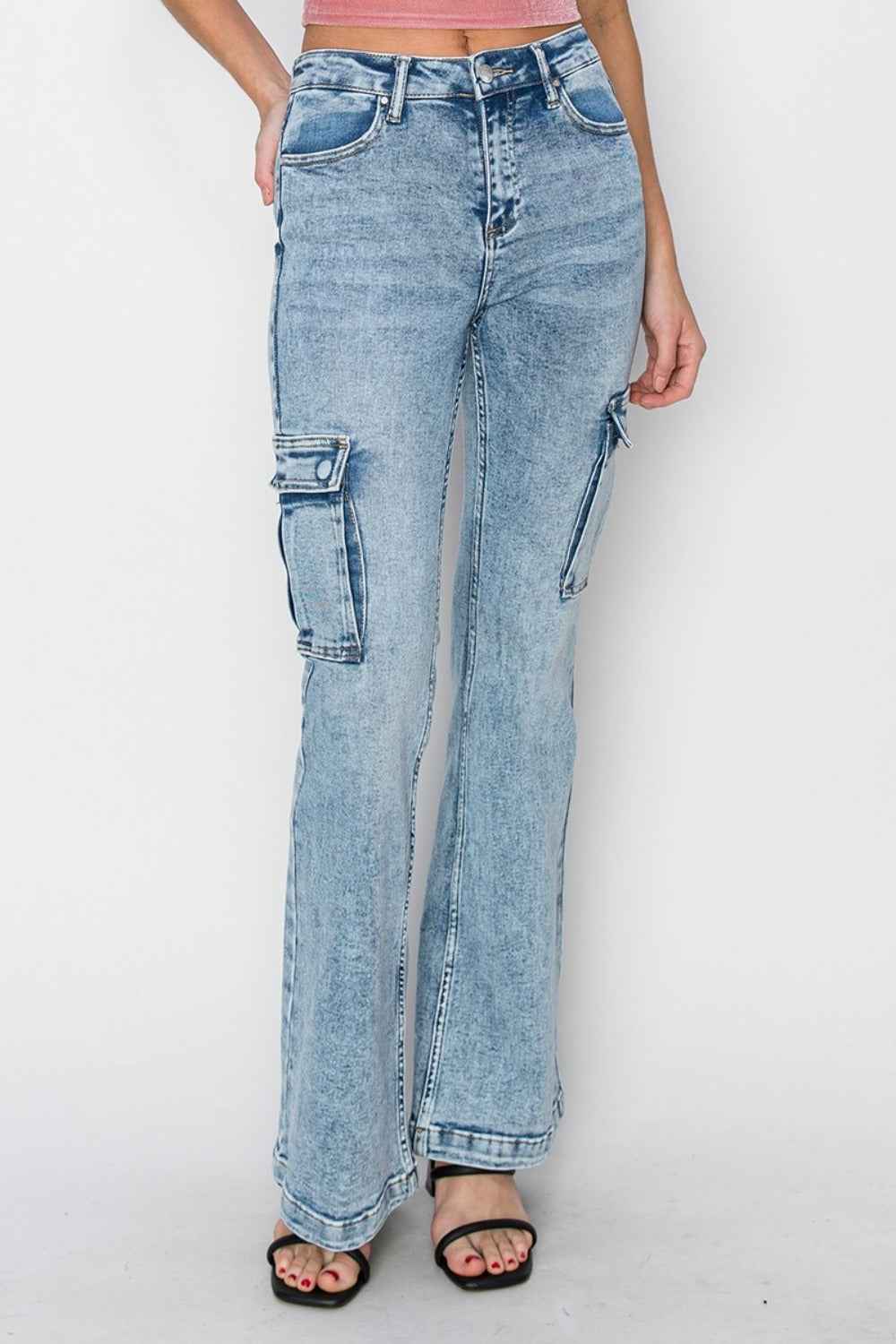 RISEN Full Size High Rise Cargo Flare Jeans for Women